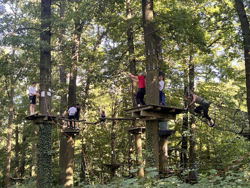 Kletterer auf den Holzplattformen zwischen den Bäumen