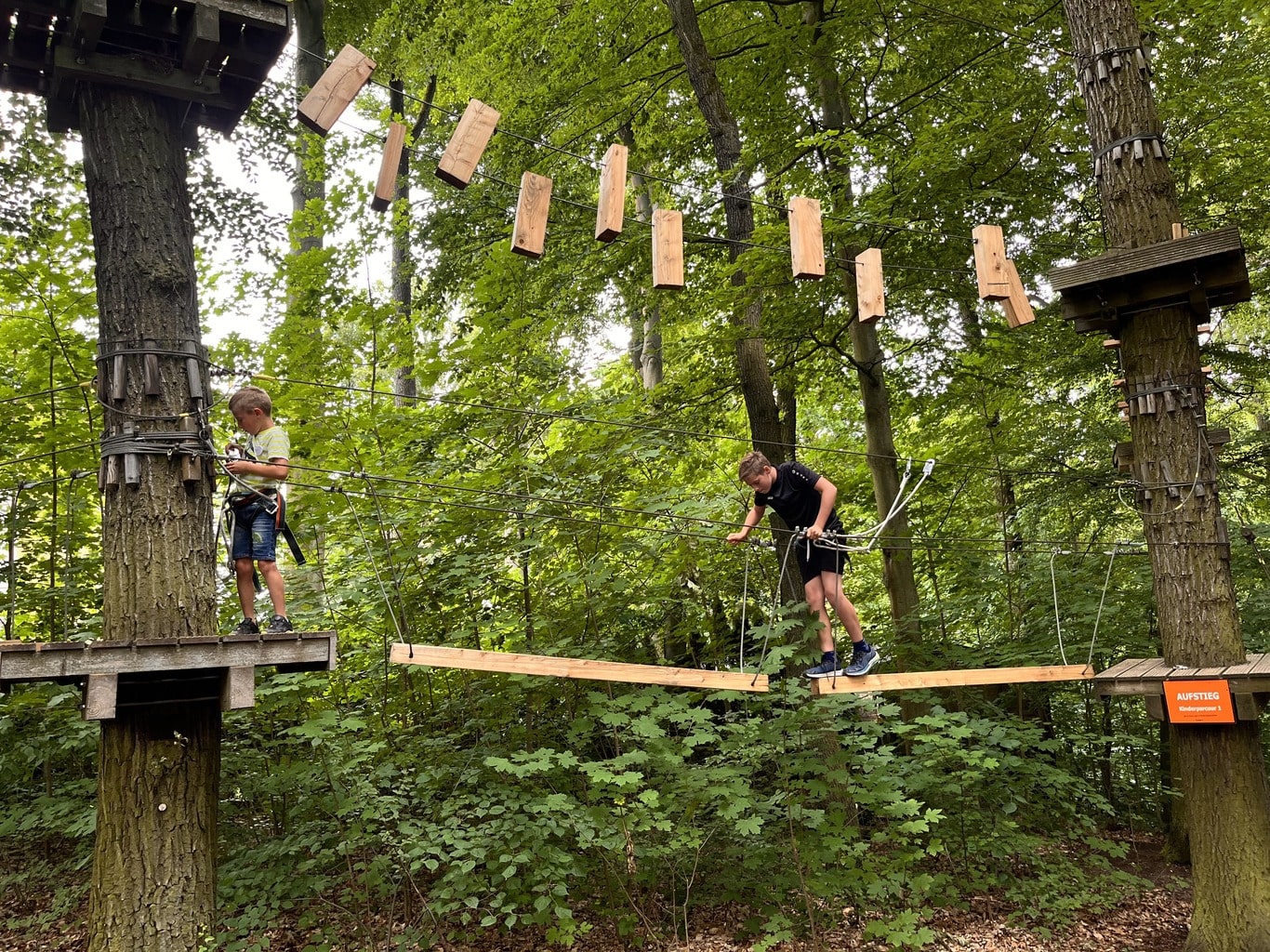 Kletterer auf Holzbalken-Hindernissen